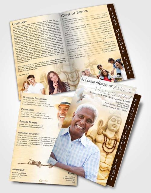 2 Page Graduated Step Fold Funeral Program Template Brochure Golden Peach Hindu Mystery