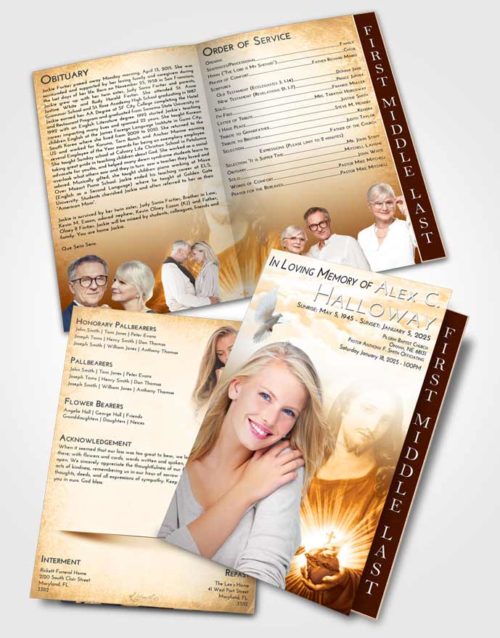 2 Page Graduated Step Fold Funeral Program Template Brochure Golden Peach Jesus Christ
