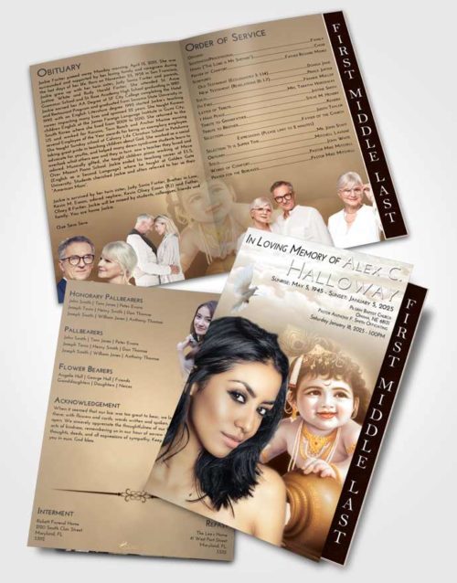 2 Page Graduated Step Fold Funeral Program Template Brochure Golden Peach Lord Krishna Divinity