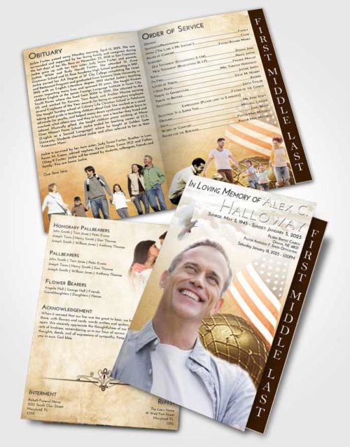 2 Page Graduated Step Fold Funeral Program Template Brochure Golden Peach Loving Veteran