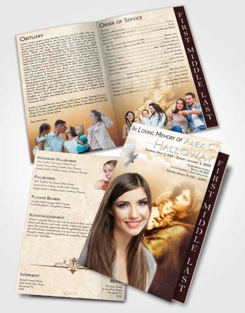 2 Page Graduated Step Fold Funeral Program Template Brochure Golden Peach Mary and Jesus