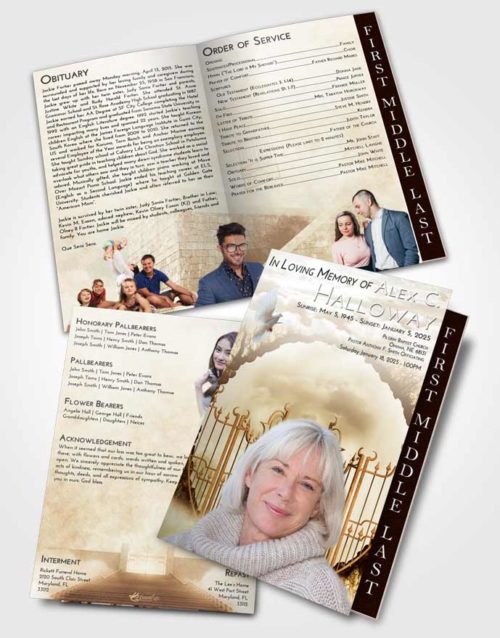 2 Page Graduated Step Fold Funeral Program Template Brochure Golden Peach Mystical Gates of Heaven