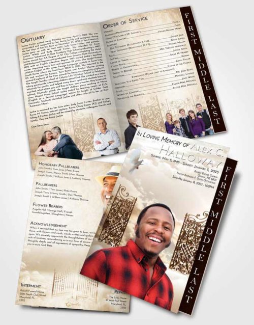 2 Page Graduated Step Fold Funeral Program Template Brochure Golden Peach Pearly Gates of Heaven