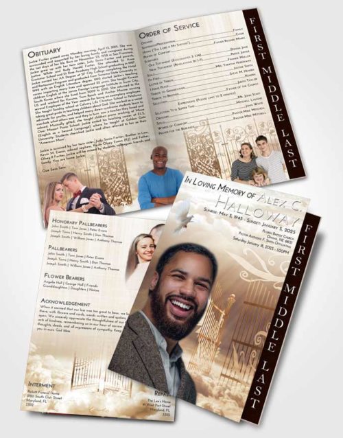 2 Page Graduated Step Fold Funeral Program Template Brochure Golden Peach Precious Gates to Heaven