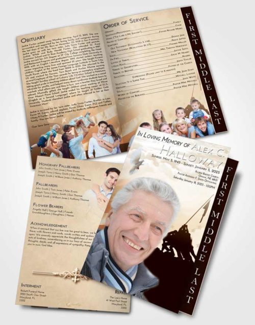 2 Page Graduated Step Fold Funeral Program Template Brochure Golden Peach Proud Veteran