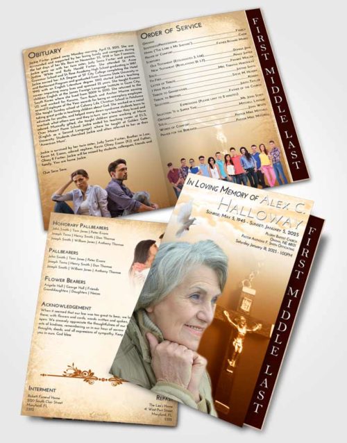 2 Page Graduated Step Fold Funeral Program Template Brochure Golden Peach Rosary Love