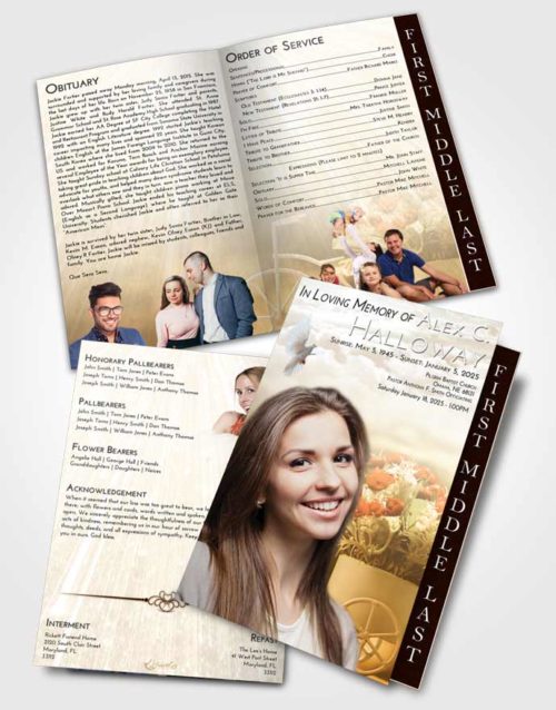 2 Page Graduated Step Fold Funeral Program Template Brochure Golden Peach Rose Love