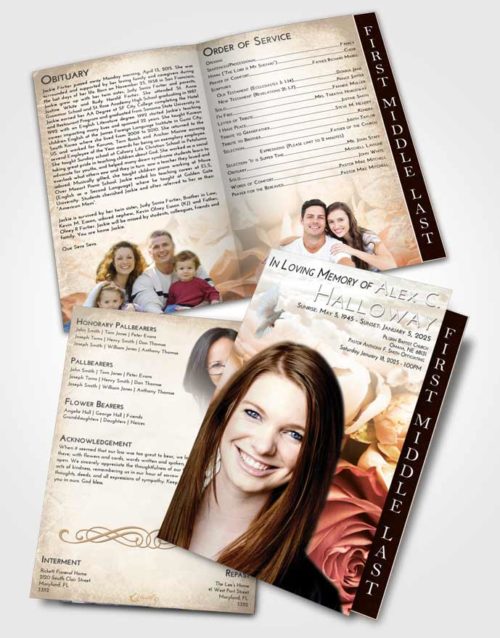 2 Page Graduated Step Fold Funeral Program Template Brochure Golden Peach Rose Magic