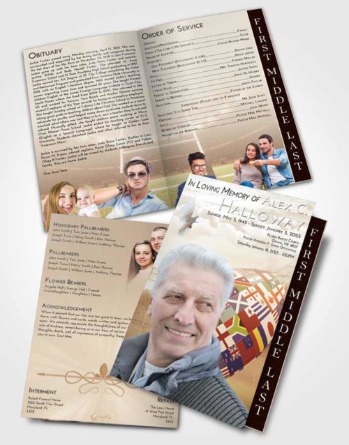 2 Page Graduated Step Fold Funeral Program Template Brochure Golden Peach Rugby Passion