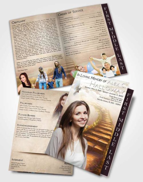 2 Page Graduated Step Fold Funeral Program Template Brochure Golden Peach Stairway Above