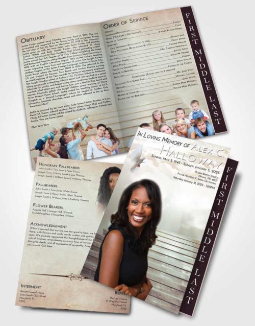 2 Page Graduated Step Fold Funeral Program Template Brochure Golden Peach Stairway Into the Sky