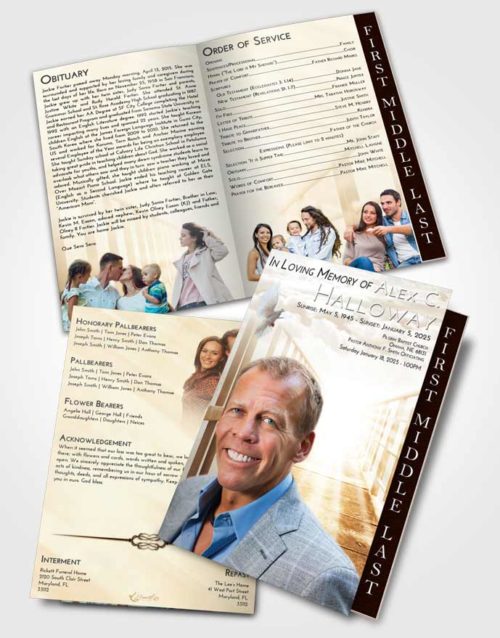 2 Page Graduated Step Fold Funeral Program Template Brochure Golden Peach Stairway to Faith