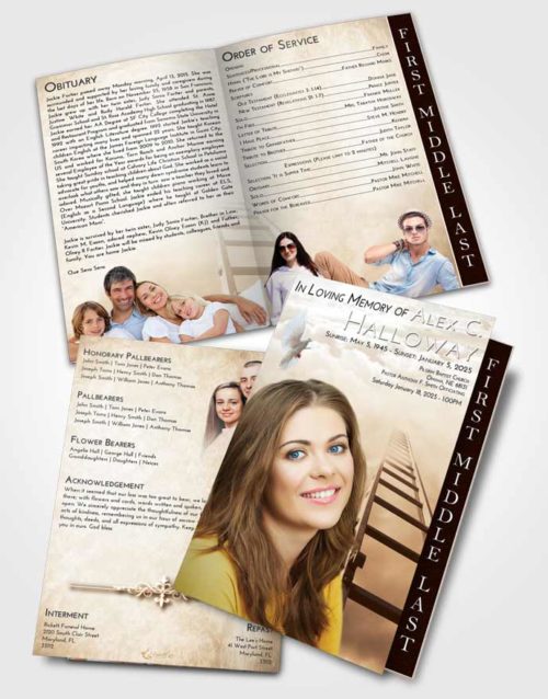 2 Page Graduated Step Fold Funeral Program Template Brochure Golden Peach Stairway to Forever