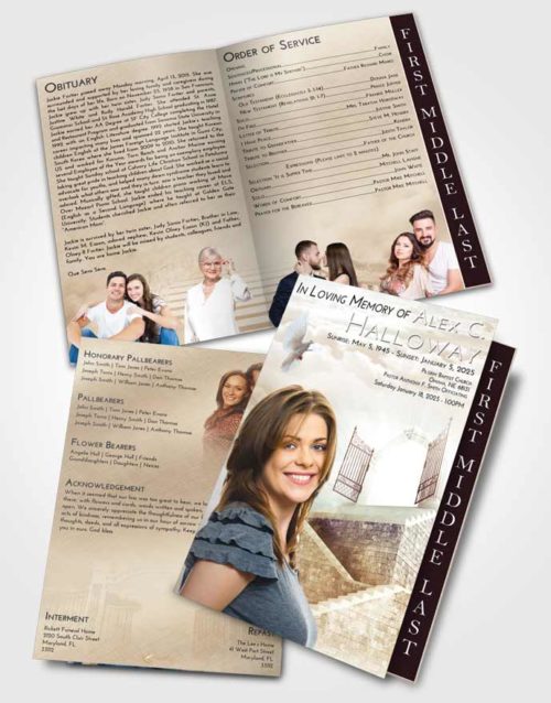 2 Page Graduated Step Fold Funeral Program Template Brochure Golden Peach Stairway to the Gates of Heaven