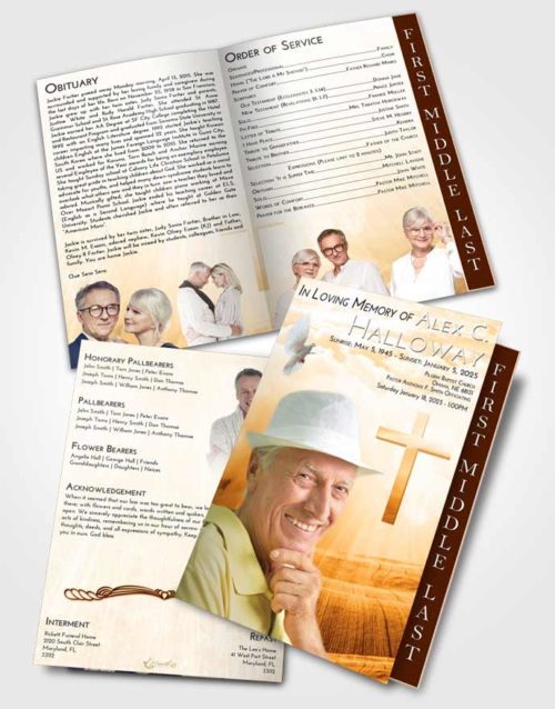 2 Page Graduated Step Fold Funeral Program Template Brochure Golden Peach The Cross of Life