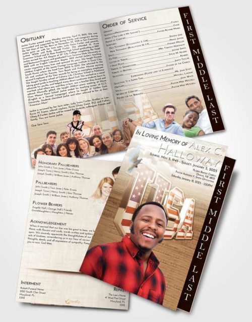 2 Page Graduated Step Fold Funeral Program Template Brochure Golden Peach USA
