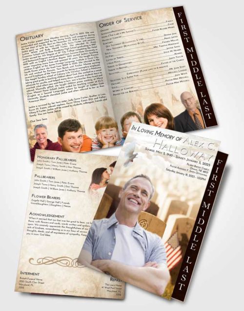 2 Page Graduated Step Fold Funeral Program Template Brochure Golden Peach Veteran Service