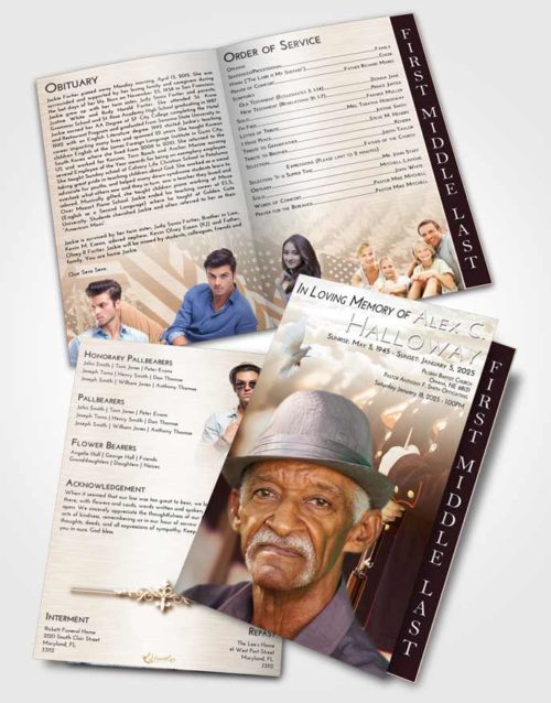 2 Page Graduated Step Fold Funeral Program Template Brochure Golden Peach Veterans Goodbye