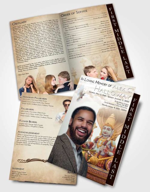 2 Page Graduated Step Fold Funeral Program Template Brochure Golden Peach Vishnu Desire