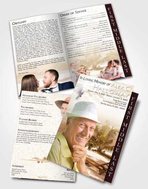 2 Page Graduated Step Fold Funeral Program Template Brochure Golden Sandy Beach