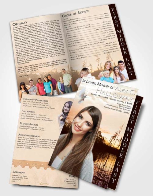 2 Page Graduated Step Fold Funeral Program Template Brochure Golden Serenity Lake