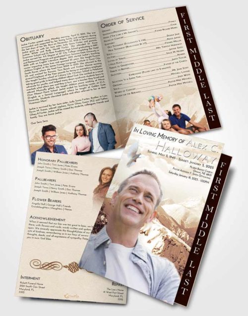 2 Page Graduated Step Fold Funeral Program Template Brochure Golden Snowy Mountains
