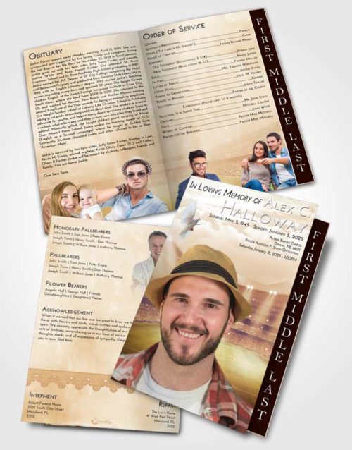 2 Page Graduated Step Fold Funeral Program Template Brochure Golden Soccer Stadium