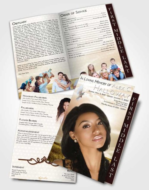2 Page Graduated Step Fold Funeral Program Template Brochure Golden Summer Fields