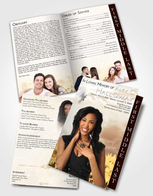 2 Page Graduated Step Fold Funeral Program Template Brochure Golden Sunflower Bliss