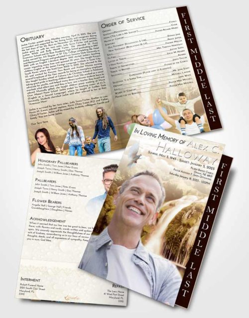 2 Page Graduated Step Fold Funeral Program Template Brochure Golden Waterfall Paradise
