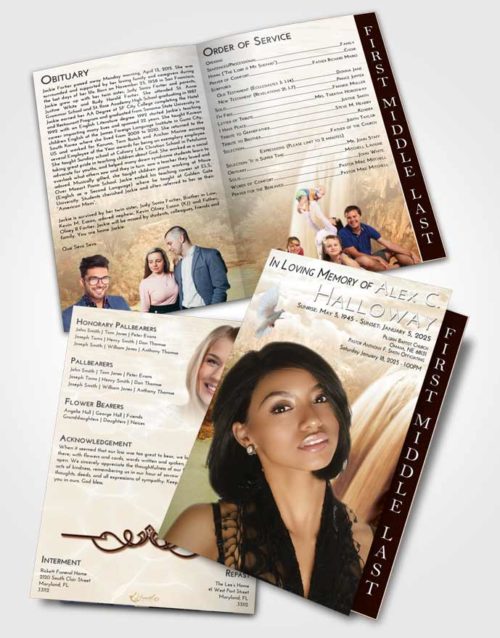 2 Page Graduated Step Fold Funeral Program Template Brochure Golden Waterfall Serenity