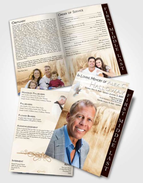 2 Page Graduated Step Fold Funeral Program Template Brochure Golden Waterfall Tranquility