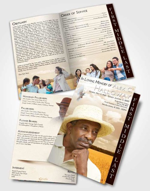 2 Page Graduated Step Fold Funeral Program Template Brochure Golden Wheat Serenity