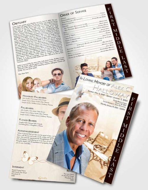 2 Page Graduated Step Fold Funeral Program Template Brochure Golden Winter Bench
