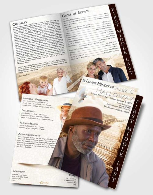 2 Page Graduated Step Fold Funeral Program Template Brochure Golden Wooden Walk