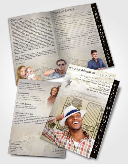 2 Page Graduated Step Fold Funeral Program Template Brochure Harmony Dreamy Gates to Heaven