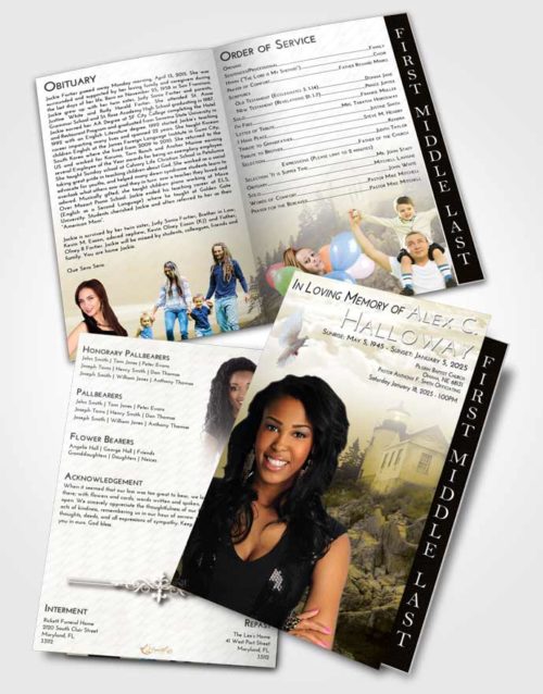 2 Page Graduated Step Fold Funeral Program Template Brochure Harmony Lighthouse on the Rocks
