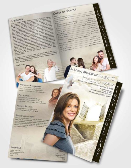 2 Page Graduated Step Fold Funeral Program Template Brochure Harmony Stairway to the Gates of Heaven