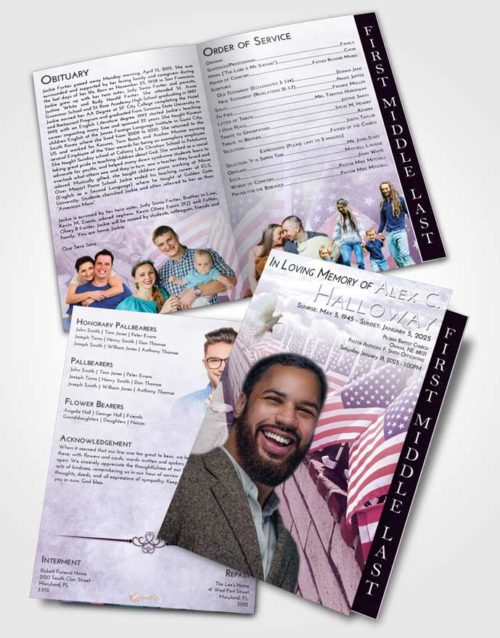 2 Page Graduated Step Fold Funeral Program Template Brochure Lavender Sunrise American Victory