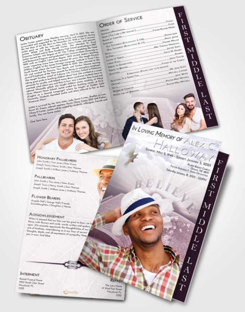 2 Page Graduated Step Fold Funeral Program Template Brochure Lavender Sunrise Bible Belief