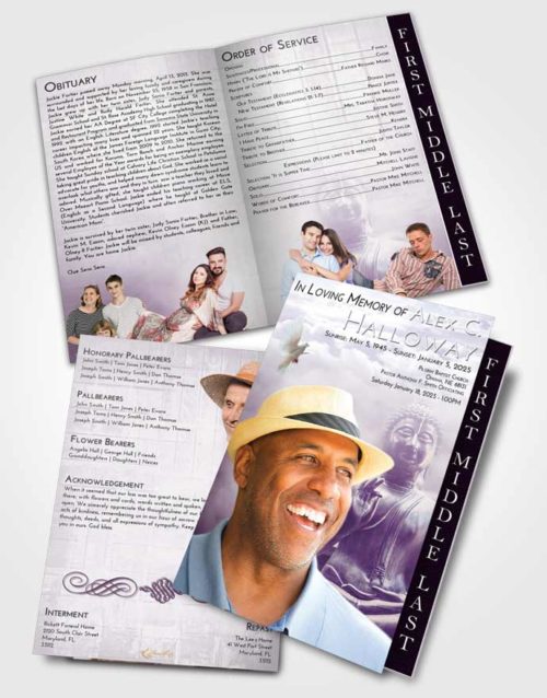 2 Page Graduated Step Fold Funeral Program Template Brochure Lavender Sunrise Buddha Desire