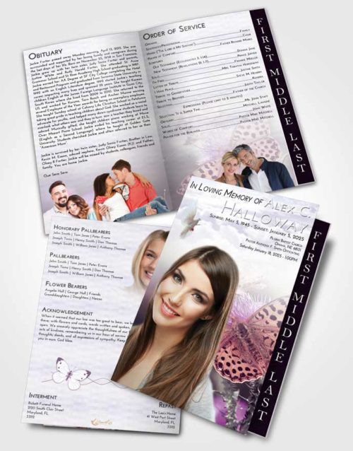 2 Page Graduated Step Fold Funeral Program Template Brochure Lavender Sunrise Butterfly Peace