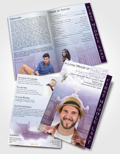 2 Page Graduated Step Fold Funeral Program Template Brochure Lavender Sunrise Clear Gates For Heaven
