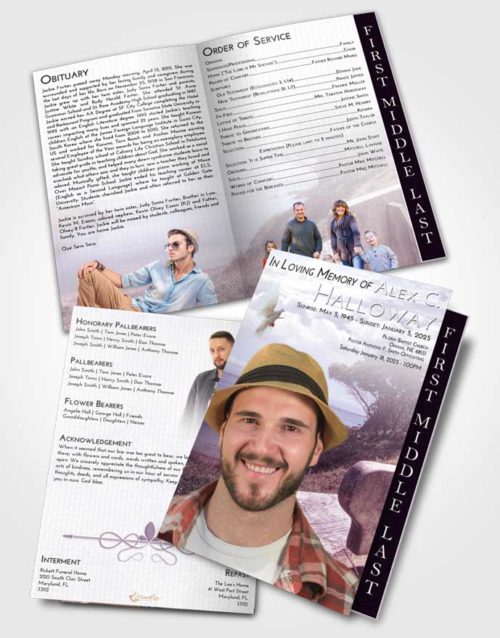 2 Page Graduated Step Fold Funeral Program Template Brochure Lavender Sunrise Coastal Gaze