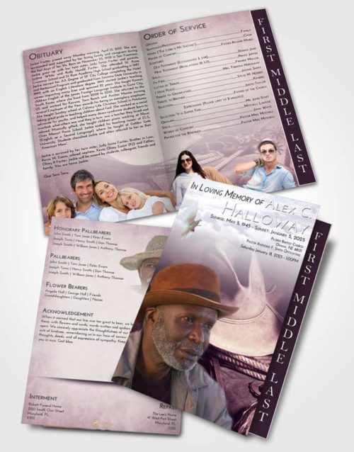 2 Page Graduated Step Fold Funeral Program Template Brochure Lavender Sunrise Cowboy Serenity