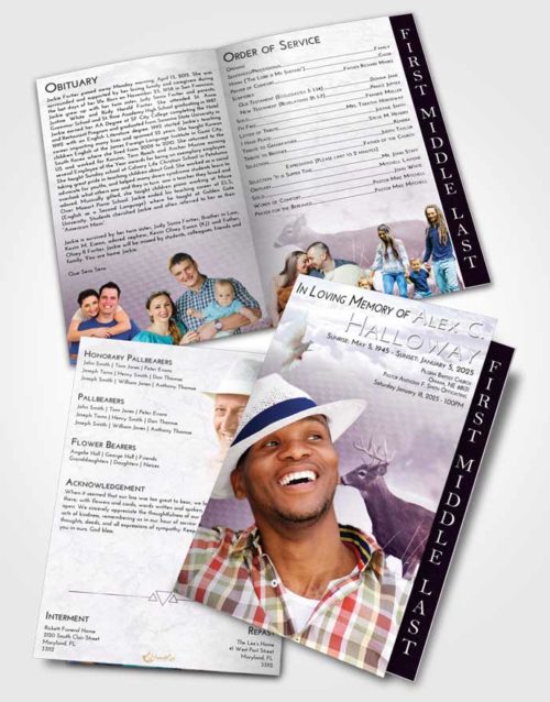 2 Page Graduated Step Fold Funeral Program Template Brochure Lavender Sunrise Deer Game