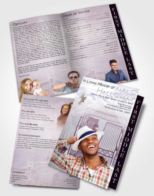 2 Page Graduated Step Fold Funeral Program Template Brochure Lavender Sunrise Dreamy Gates to Heaven