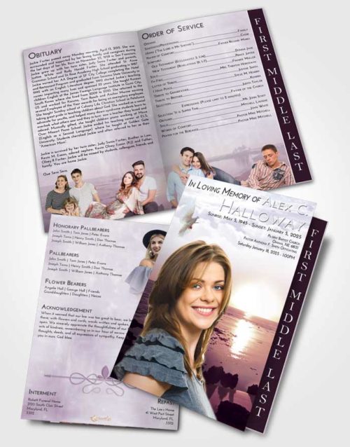 2 Page Graduated Step Fold Funeral Program Template Brochure Lavender Sunrise Early Rise