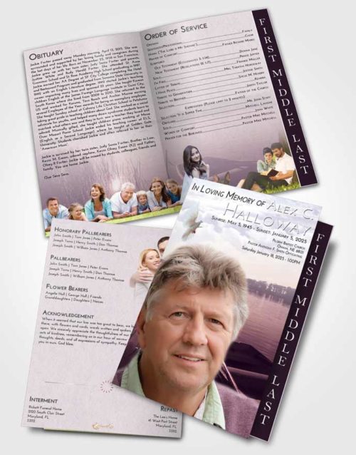 2 Page Graduated Step Fold Funeral Program Template Brochure Lavender Sunrise Fishing Boat