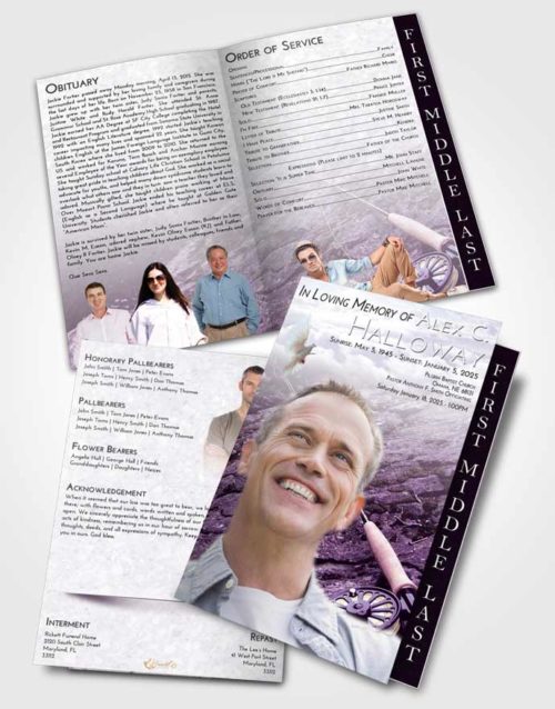2 Page Graduated Step Fold Funeral Program Template Brochure Lavender Sunrise Fishing on the Rocks
